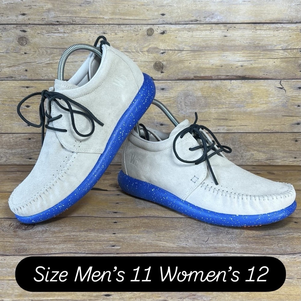 Worldboots Sz 11 Mens Moccasin‎ Sneakers 100% Leather Suede Taupe and Royal Blue